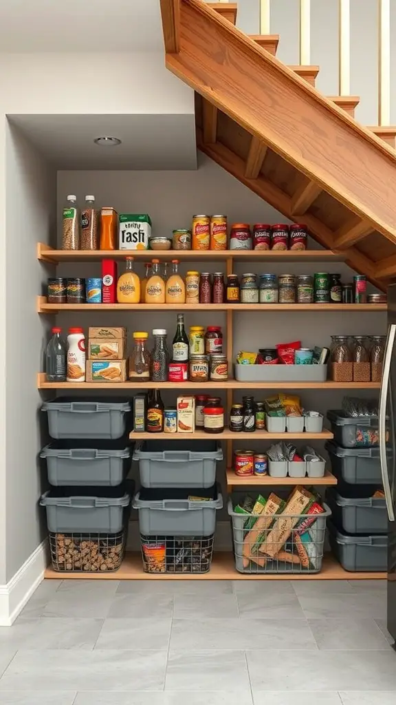 15+ Essential Food Storage Room Ideas for Your Home 10 Organized under-stairs food storage with shelves and bins