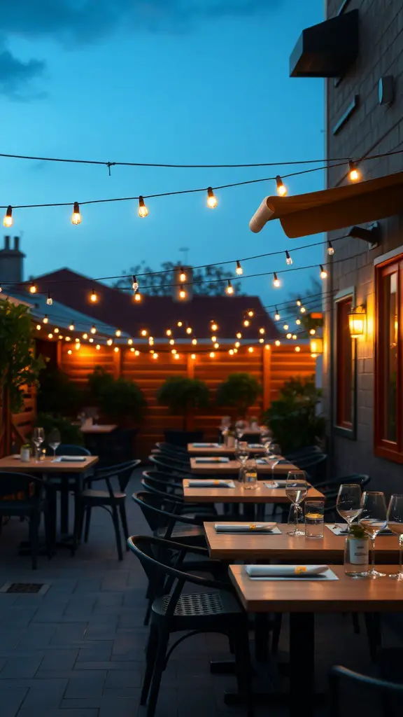 23+ Creative Patio String Light Ideas to Transform Your Outdoor Space 17 Outdoor dining area with string lights overhead, creating a warm and inviting atmosphere.