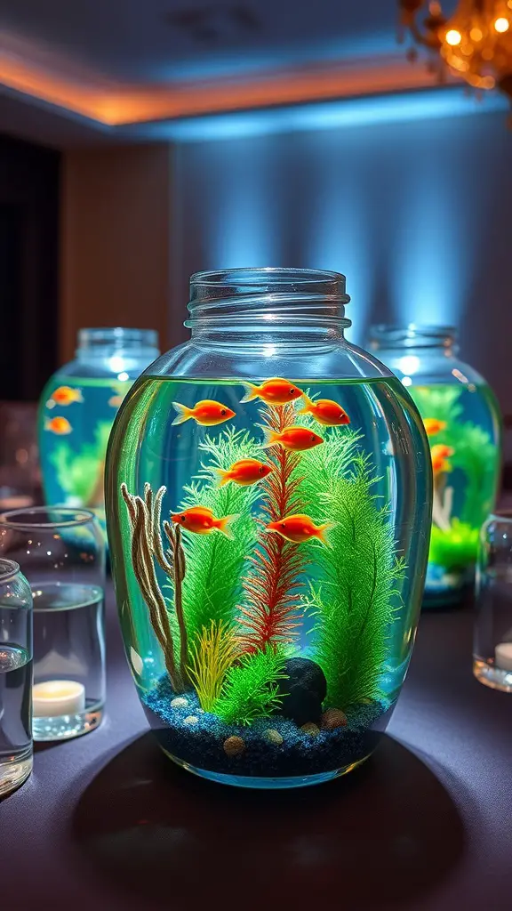 21 Coastal Baby Shower Theme Ideas You’ll Love 5 Colorful fish bowls with goldfish and aquatic plants as centerpieces for a coastal baby shower.