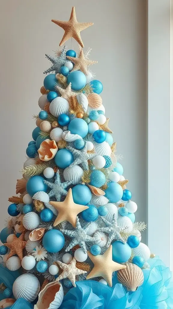 21 Creative Christmas Tree Ideas for a Cozy Fall Celebration 15 A Christmas tree decorated with blue ornaments, starfish, and seashells, featuring a tulle base.