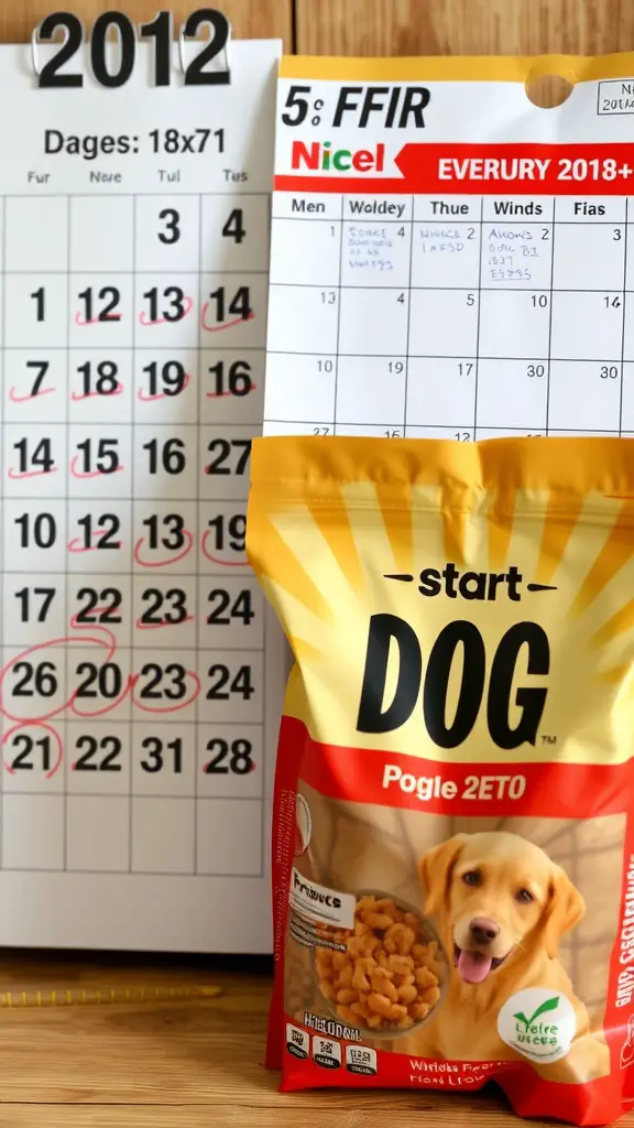 19+Essential Dog Food Storage Solutions You Need 10 A bag of dog food next to a calendar, emphasizing the importance of tracking expiration dates for pet food.