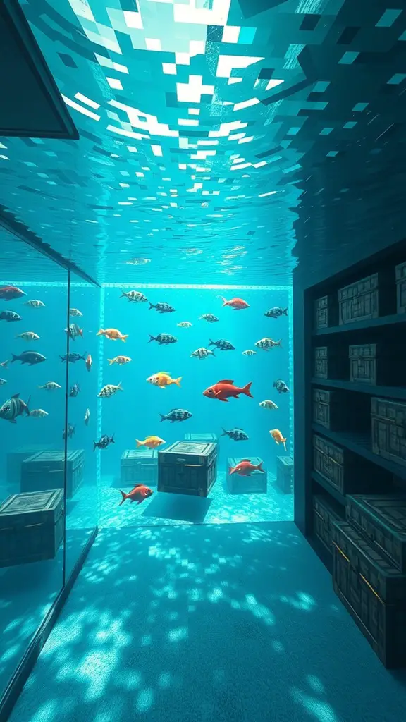 19 Creative Minecraft Storage Room Ideas You Need to Try 8 An underwater storage room in Minecraft with glass walls, colorful fish, and wooden crates.