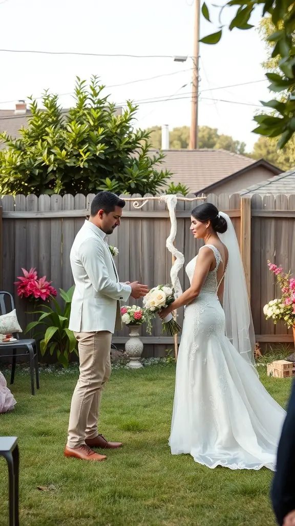 21 Creative Ideas for a Stunning Backyard Micro Wedding 11 A couple exchanging vows in a backyard wedding ceremony with flowers and greenery.