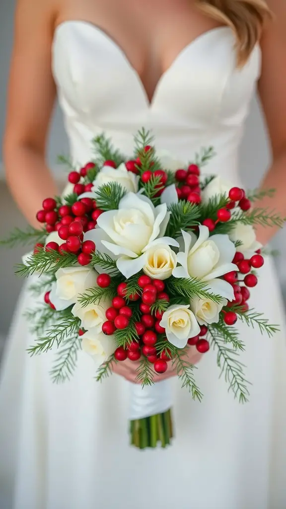 19+ Stunning Christmas Wedding Ideas You Need to See 4 A Christmas-inspired wedding bouquet featuring white roses, red berries, and green foliage.