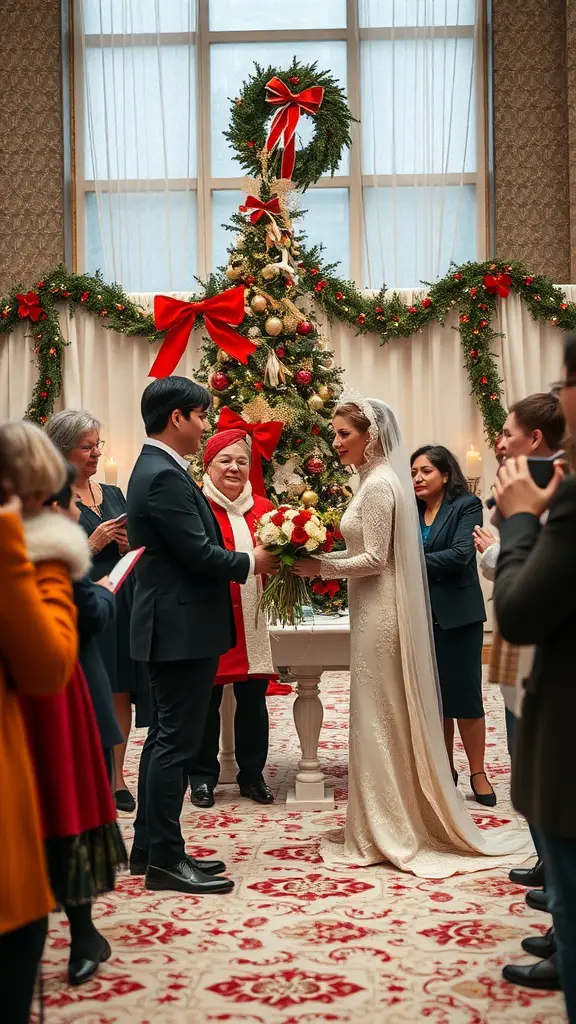 19+ Stunning Christmas Wedding Ideas You Need to See 16 A couple exchanging vows in front of a Christmas tree during their wedding ceremony.