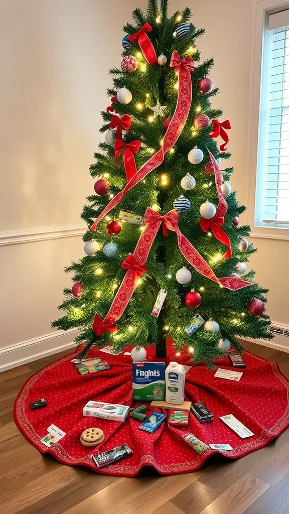 15 Creative Dollar Tree Christmas Decor Ideas for a Festive Home 12 A Christmas tree with a red skirt, decorated with ornaments and surrounded by holiday-themed items.