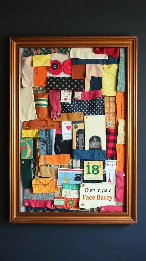 21+ Creative Scrap Fabric Projects You Can Make Today 17 A colorful collage of various fabric scraps framed on a wall.