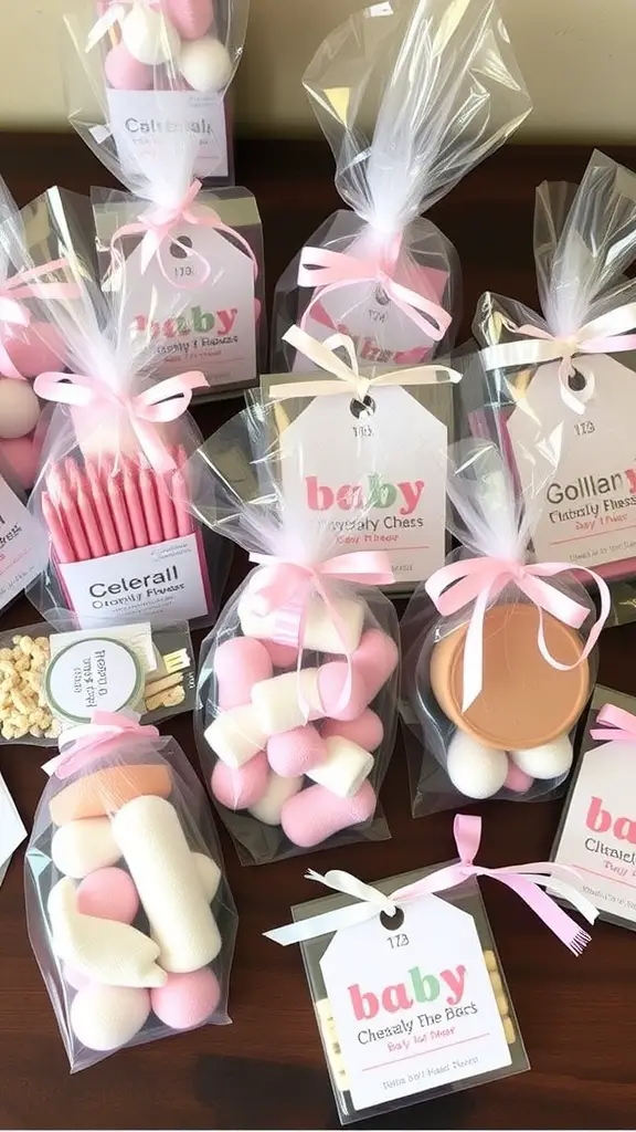 17 Creative Dollar Tree Baby Shower Ideas on a Budget 4 An assortment of baby shower favors from Dollar Tree, beautifully packaged with pink ribbons.