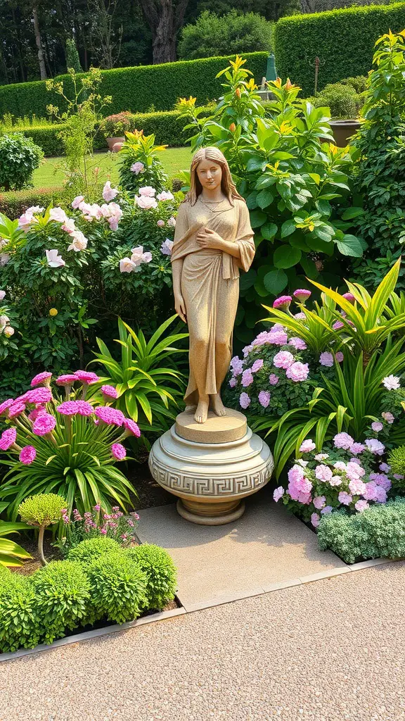 19 Stunning Mediterranean Garden Ideas You’ll Love 17 A statue of a young woman surrounded by colorful flowers in a garden.