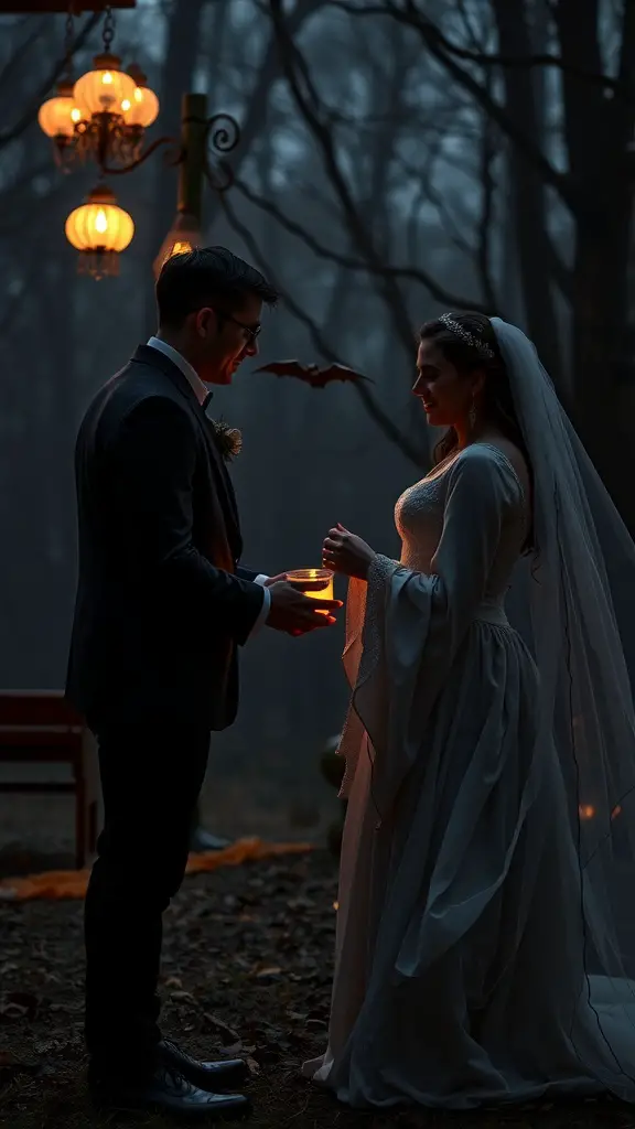 A couple exchanging vows in a misty forest during a Halloween-themed wedding ceremony.