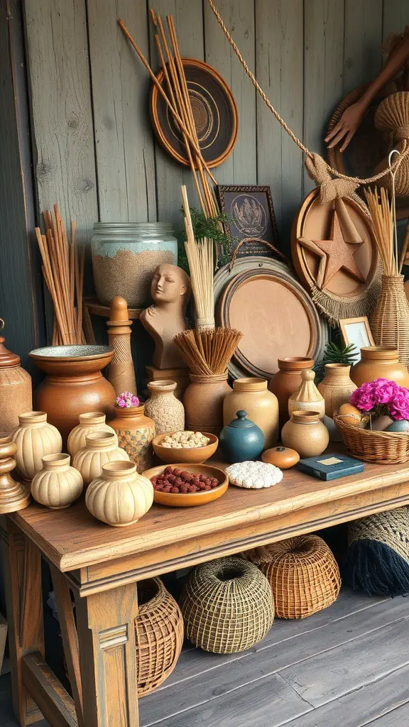 17 Creative Silent Auction Ideas to Boost Your Fundraising Event 4 A display of unique handmade crafts including pottery, woven baskets, and decorative items on a wooden table.