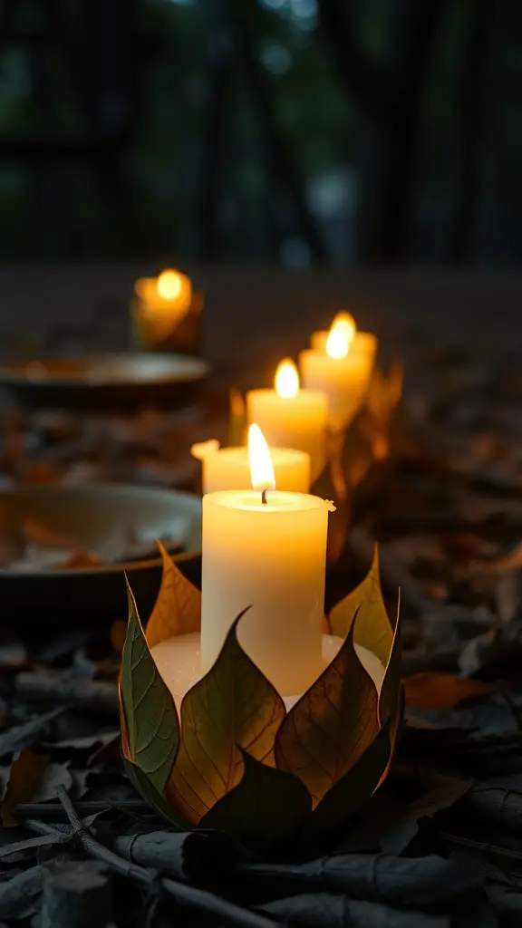 17 Creative Fall Leaves Decor Ideas for a Cozy Autumn Home 12 Candle holders made from leaves with lit candles inside, creating a warm glow.