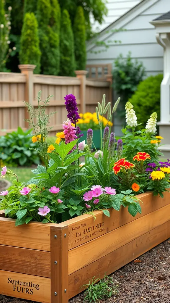 17 Inspiring Backyard Decorating Ideas to Transform Your Outdoor Space 10 A wooden planter box filled with colorful flowers in a backyard setting.