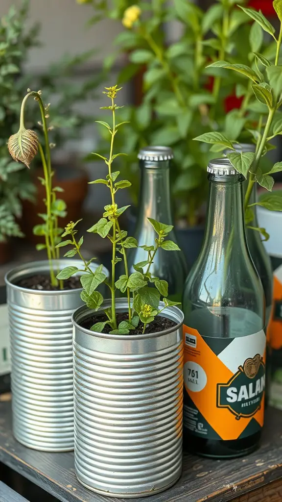 15 Creative Junk Garden Ideas to Transform Your Backyard 4 Plants growing in recycled tin cans and glass bottles.