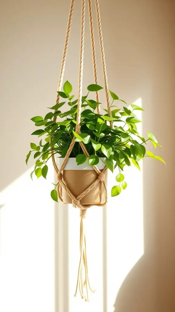 19 Stunning DIY Macrame Plant Hangers to Elevate Your Home Decor 4 A macrame plant holder with a spiral design, holding a green plant, illuminated by sunlight.