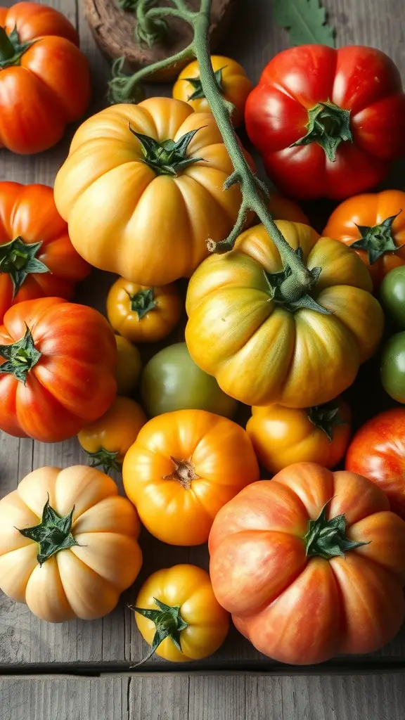 19 Creative Fall Vegetable Garden Ideas for a Bountiful Harvest 17 A variety of colorful tomatoes including red, yellow, and green, displayed on a wooden surface.