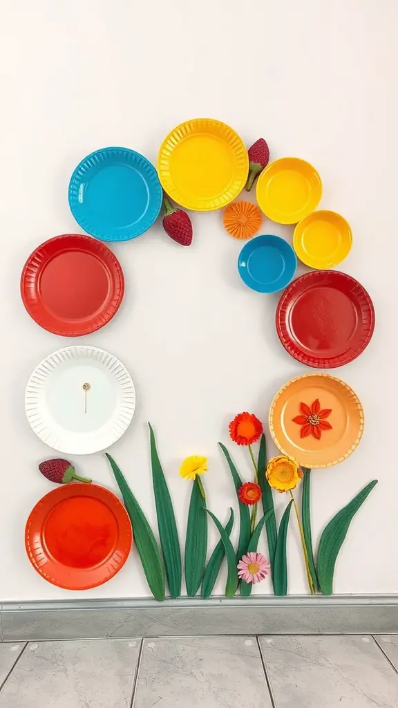 21 Creative Dollar Tree DIY Home Decor Ideas 13 Colorful wall art made from paper plates and artificial flowers