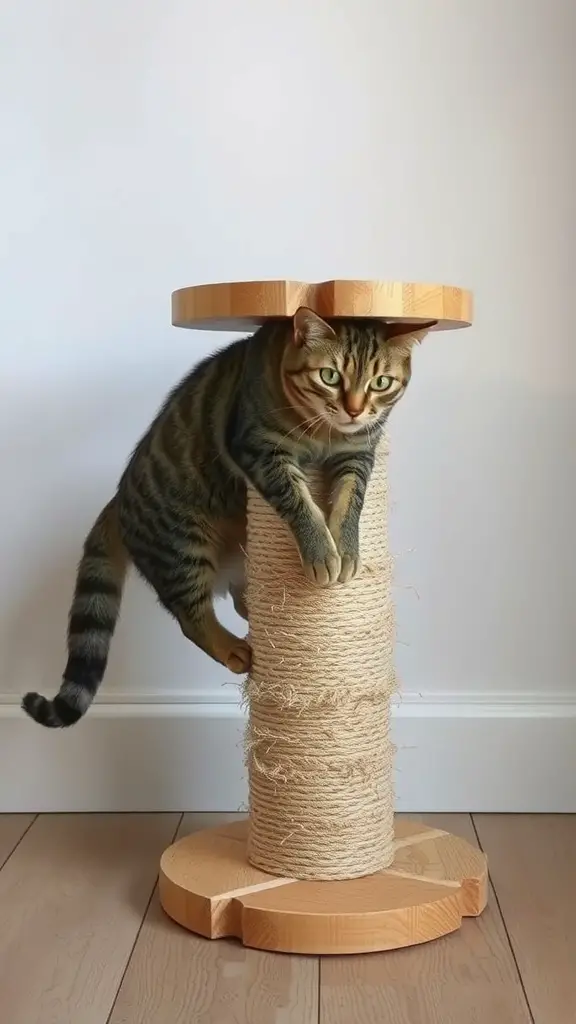 17+ Purr-fect DIY Projects for Cat Lovers 7 A cat playing on a stylish upcycled scratching post made of wood and sisal rope.
