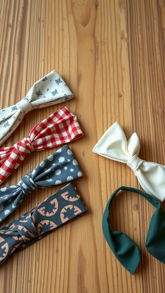 21+ Creative Scrap Fabric Projects You Can Make Today 5 A collection of colorful upcycled fabric headbands on a wooden surface.