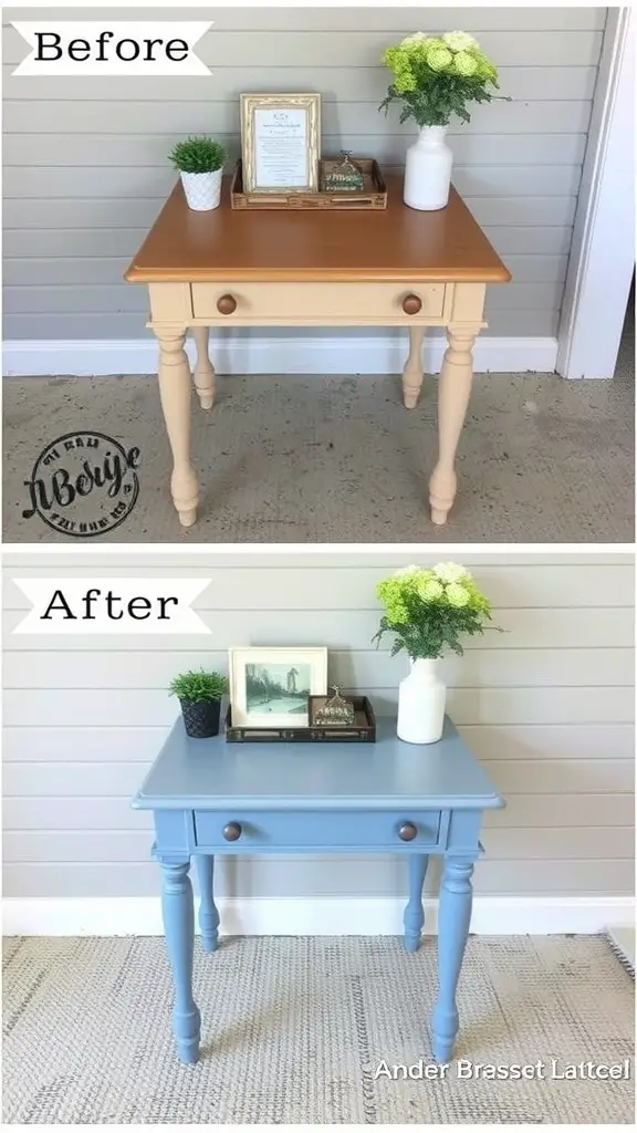 21 Creative Dollar Tree DIY Home Decor Ideas 10 Before and after images of a table makeover showing a transformation from beige to blue.