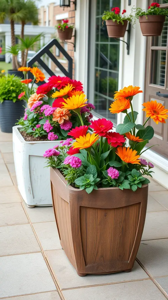 Colorful flowers in upcycled planters on a patio