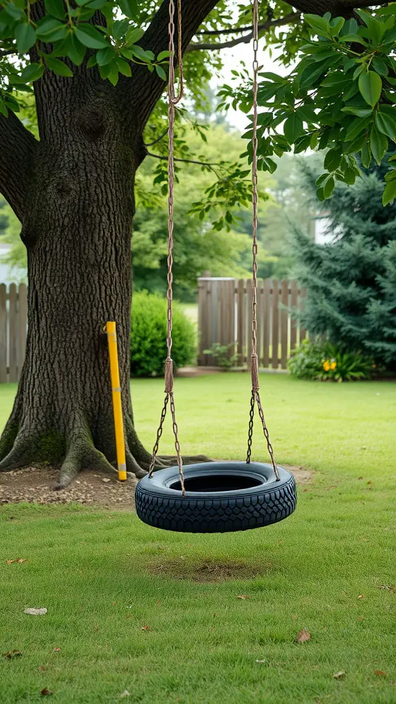 23 Creative DIY Yard Decor Ideas You Can't Miss 10 A black tire swing hanging from a tree in a green yard.