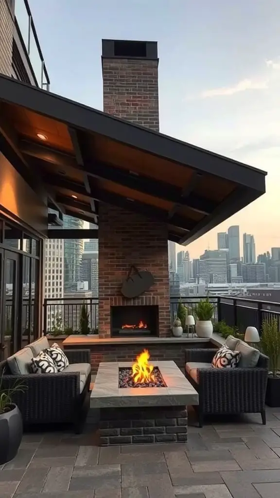 27 Cozy Outdoor Covered Patios with Fireplaces for Ultimate Comfort 15 Stylish outdoor covered patio with a fireplace and modern city skyline