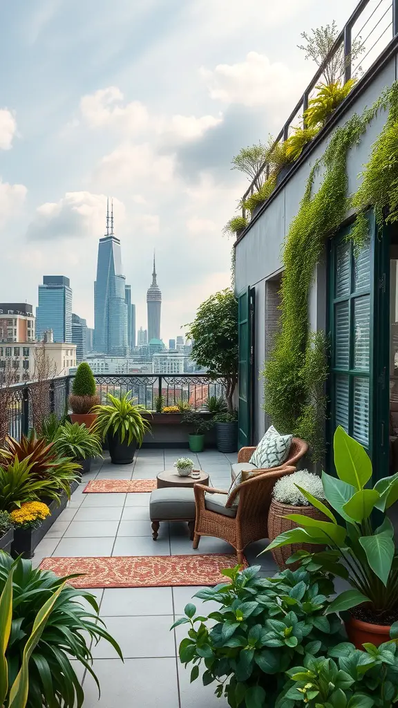 27 Stunning Rooftop Patio Designs for Your Outdoor Oasis 6 Rooftop patio with greenery and city skyline view