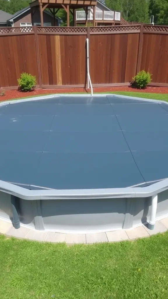 19 Inspiring Above Ground Pool Ideas for Your Backyard Oasis 16 An above ground pool covered with a dark blue pool cover, surrounded by a green lawn and wooden fence.