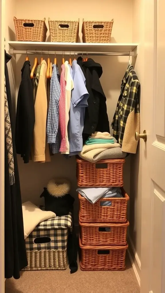 A small walk-in closet featuring organized baskets and hanging clothes.