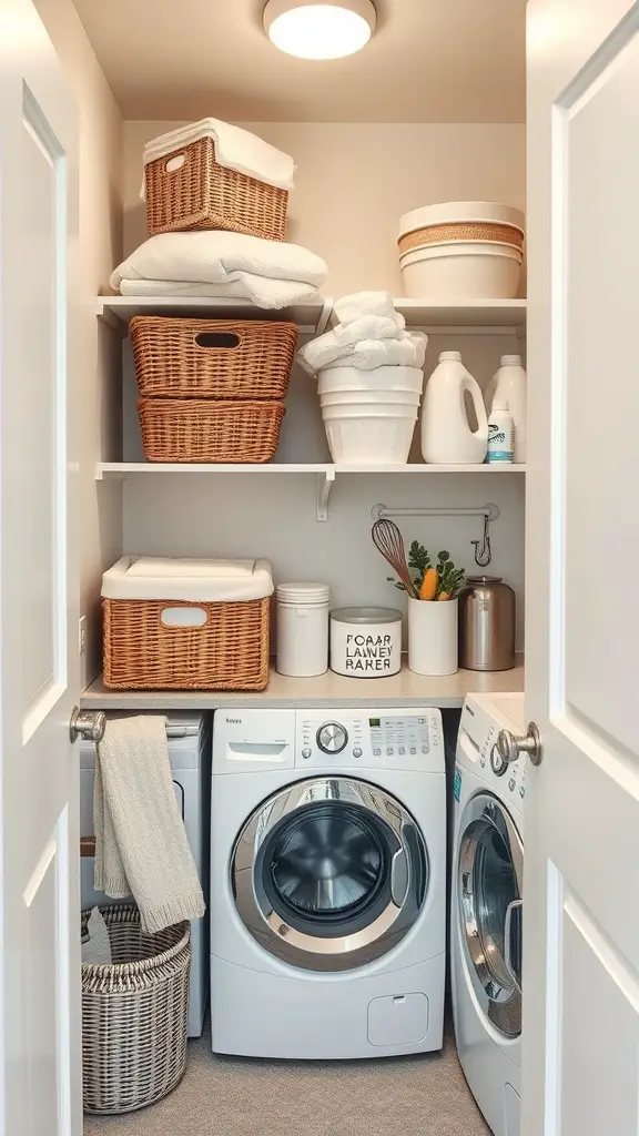 A small laundry room featuring organized baskets on shelves, with a washing machine and dryer.