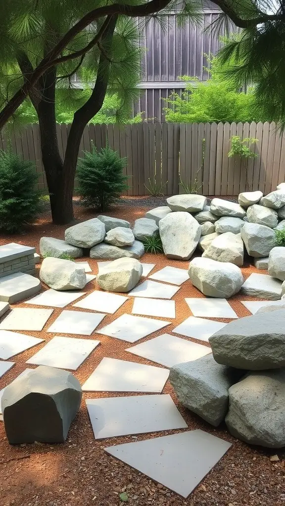 A landscaped outdoor space featuring boulders and stepping stones surrounded by greenery.