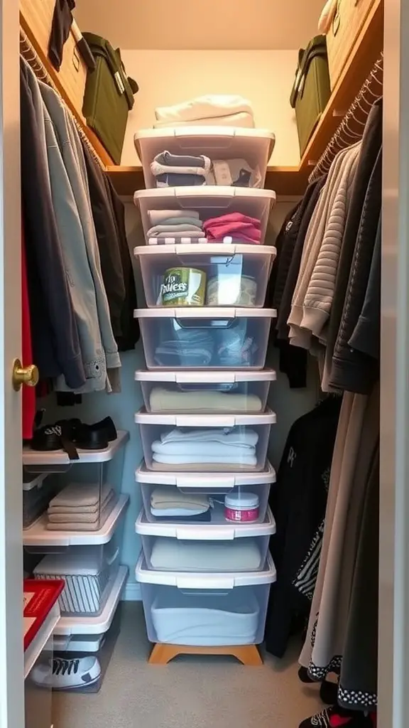 A small walk-in closet featuring clear storage containers stacked with various items, showcasing an organized space.