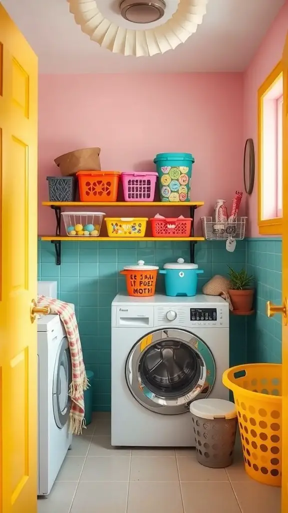 19 Clever Small Laundry Room Ideas to Maximize Space 4 A colorful small laundry room featuring pink walls, yellow door, and vibrant storage baskets.