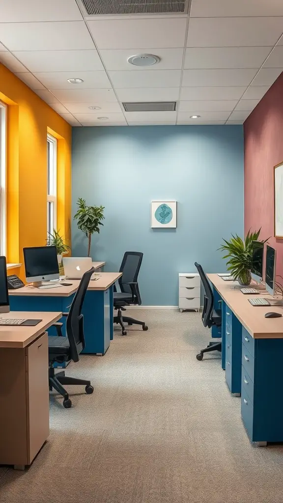 A small office space with colorful walls and workstations.