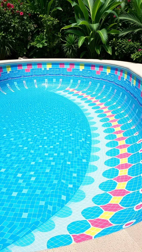 19 Inspiring Above Ground Pool Ideas for Your Backyard Oasis 11 Colorful pool liner with blue, pink, and yellow tiles in an above-ground pool