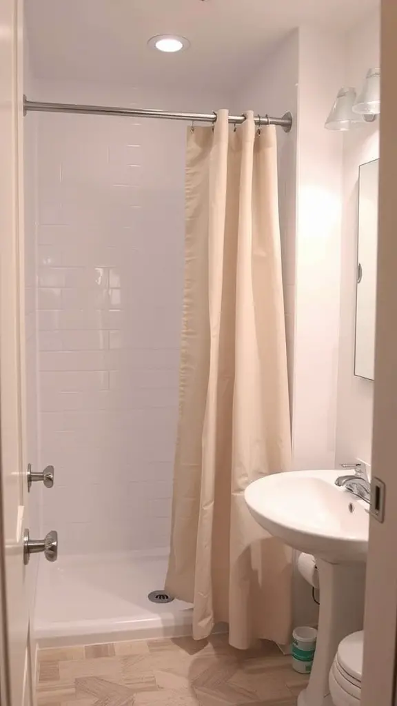 19 Stunning Small Full Bathroom Ideas for Maximum Style 15 A small bathroom featuring a shower with a light-colored curtain instead of a door.