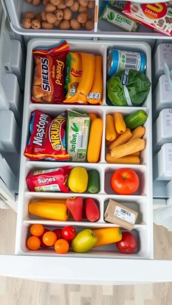 Organized fridge drawer with fruits, vegetables, and snacks separated by dividers.