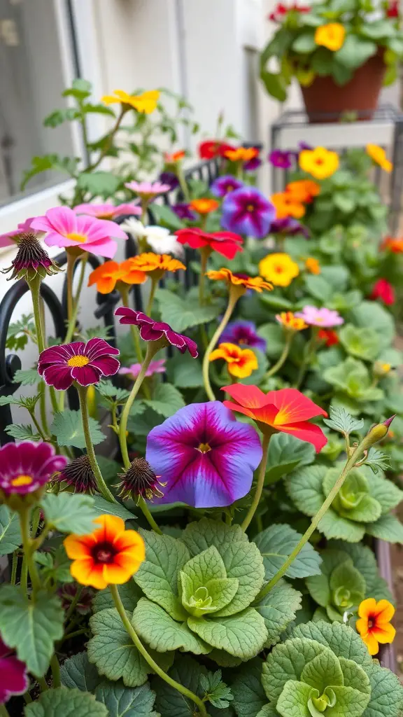 19 Must-Have Vegetables for Your Balcony Garden 11 A colorful display of edible flowers in a balcony vegetable garden.