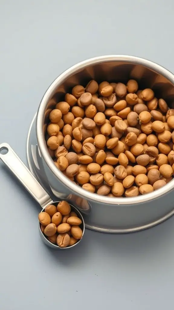 19+Essential Dog Food Storage Solutions You Need 13 A metal bowl filled with dog food and a measuring scoop beside it.