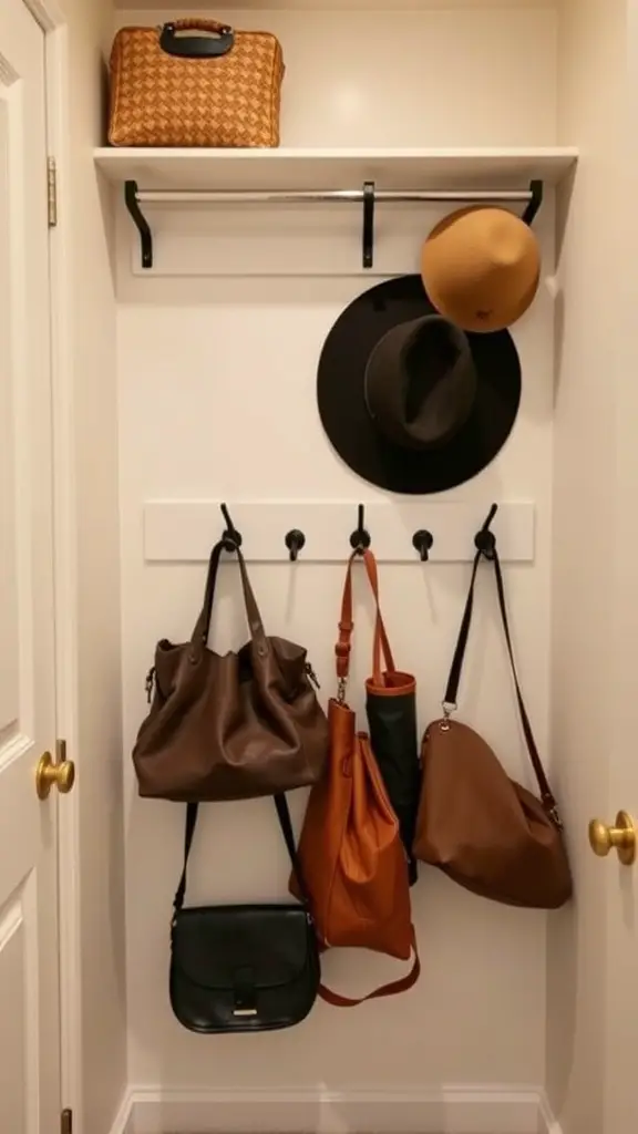 23 Creative Small Closet Organization Ideas for Maximum Space 8 A small closet with hooks displaying various bags and hats, showcasing an organized space.