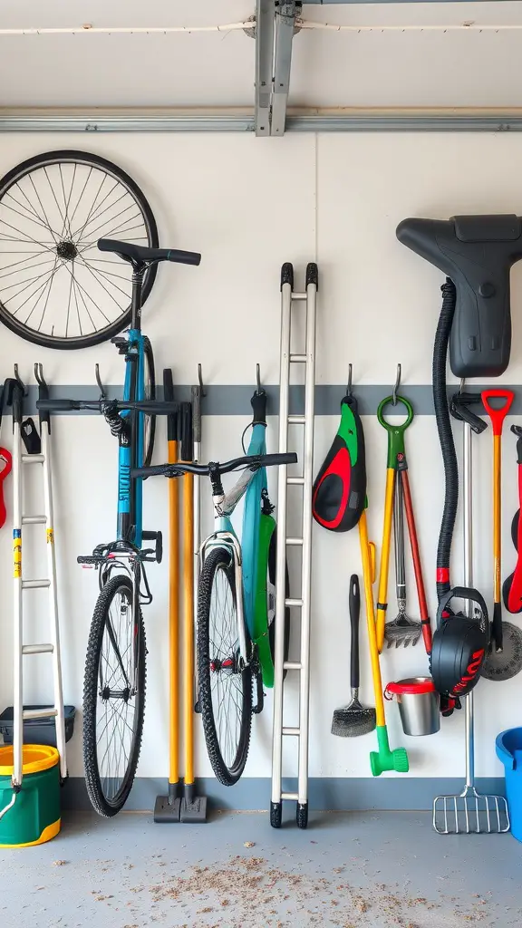 37+Genius Ideas for Garage Storage Organization 17 A well-organized garage wall with bicycles and tools hanging on hooks.