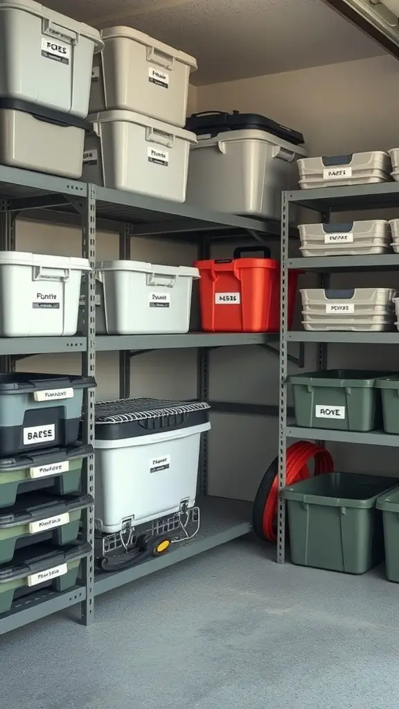 Organized garage with labeled storage bins on shelves