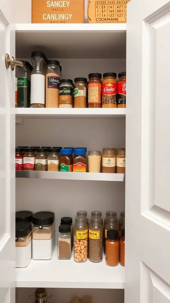 41+Inspiring Pantry Shelving Ideas to Maximize Your Space 15 A well-organized pantry shelf with various spice jars neatly arranged.