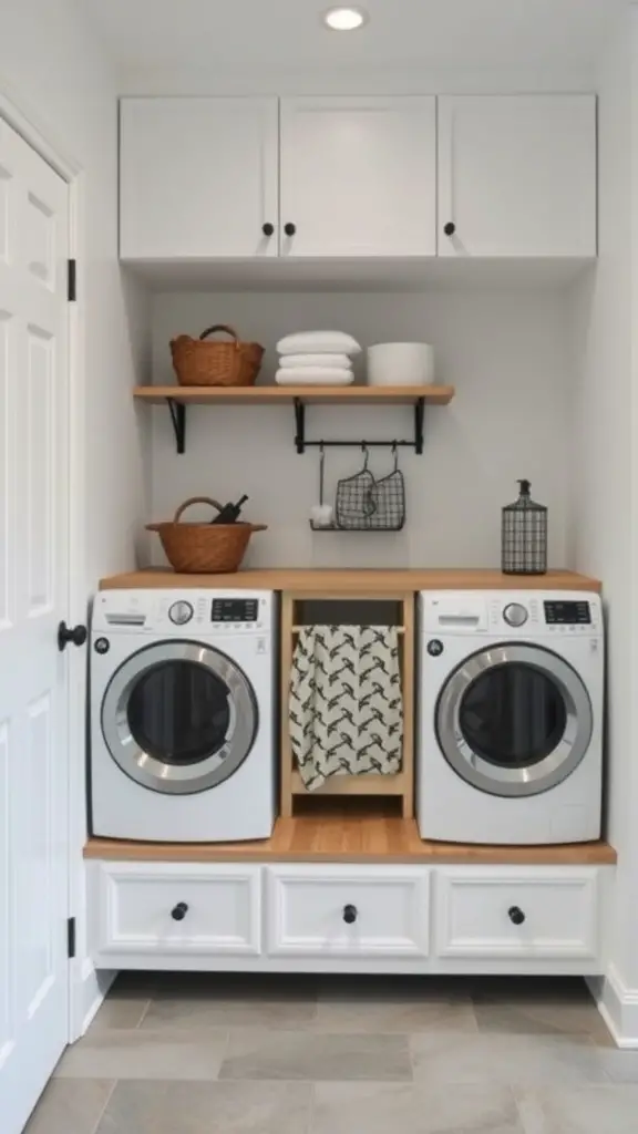 19 Clever Small Laundry Room Ideas to Maximize Space 10 A small laundry room with stacked washer and dryer, wooden countertop, open shelves, and storage cabinets.