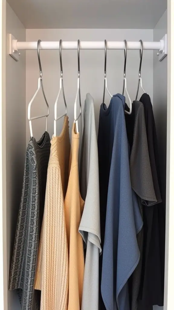 23 Creative Small Closet Organization Ideas for Maximum Space 12 A closet with multi-tiered hangers displaying various tops in different colors.
