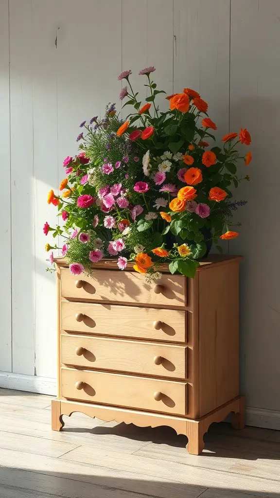 15 Creative Junk Garden Ideas to Transform Your Backyard 8 A wooden dresser filled with colorful flowers, creating a unique garden feature.