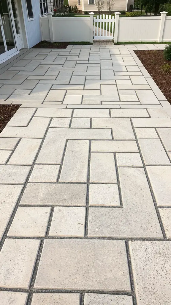 19+ Stunning Concrete Patio Makeover Ideas You’ll Love 10 A concrete patio featuring a unique pattern of light-colored pavers, surrounded by a white fence and greenery.