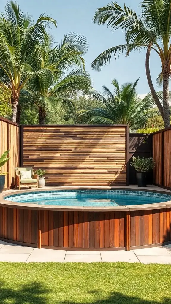 19 Inspiring Above Ground Pool Ideas for Your Backyard Oasis 5 A serene above-ground pool area with a wooden privacy screen and tropical plants.