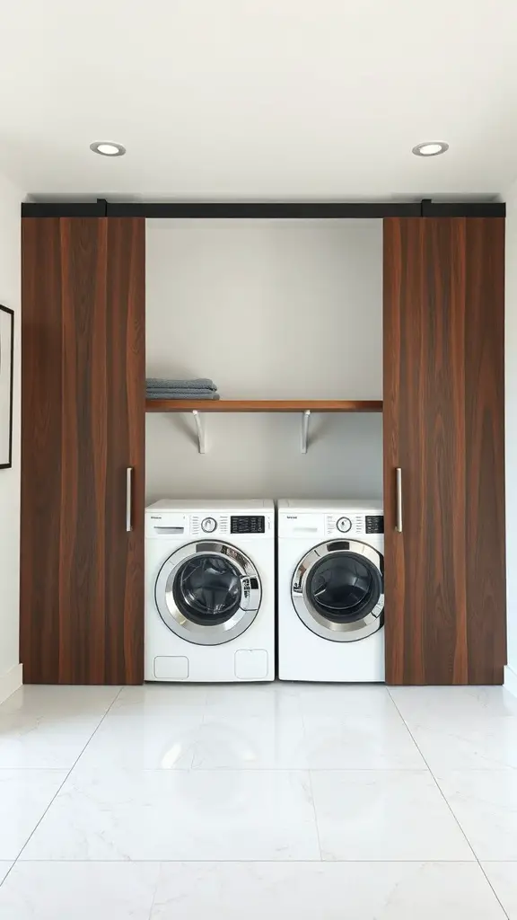 23 Creative Narrow Laundry Room Ideas You’ll Love 8 A narrow laundry room featuring sliding wooden doors that conceal a washer and dryer, with a shelf above for storage.